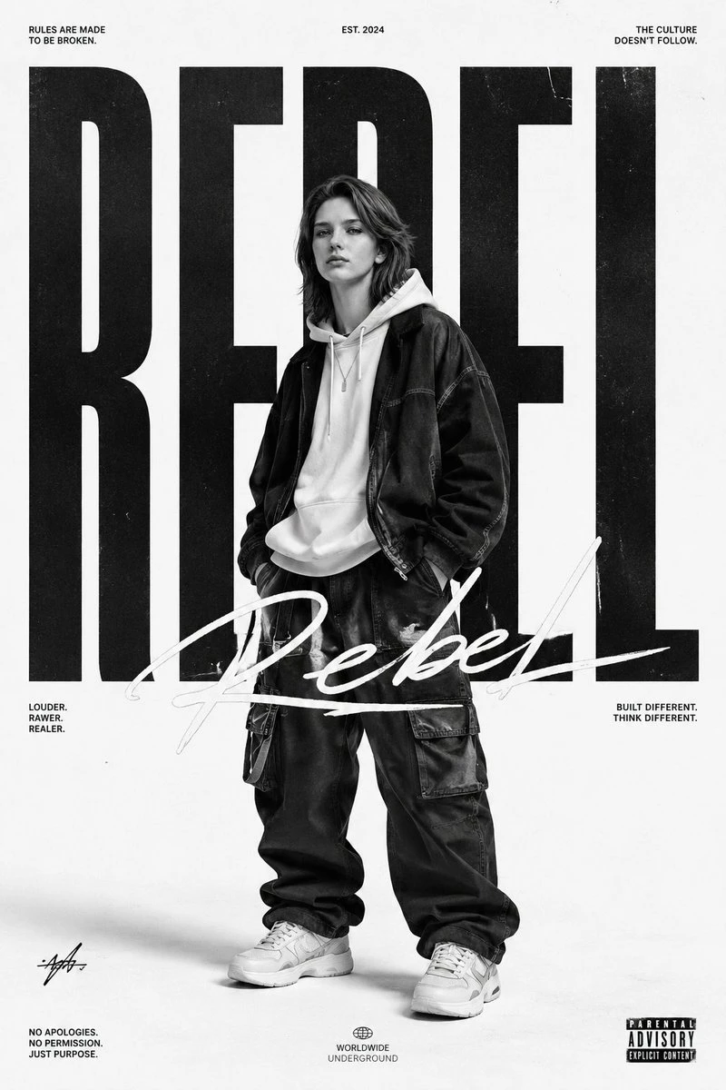 A monochrome portrait features a person in a hoodie and oversized jacket, surrounded by bold "REBEL" text and striking graphic elements