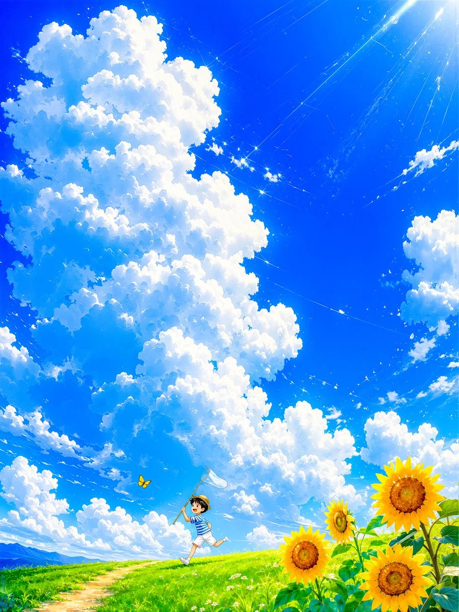 Boy Chasing Butterfly in Summer Sky with character-focused concept art, game-ready styling and detailed fantasy design