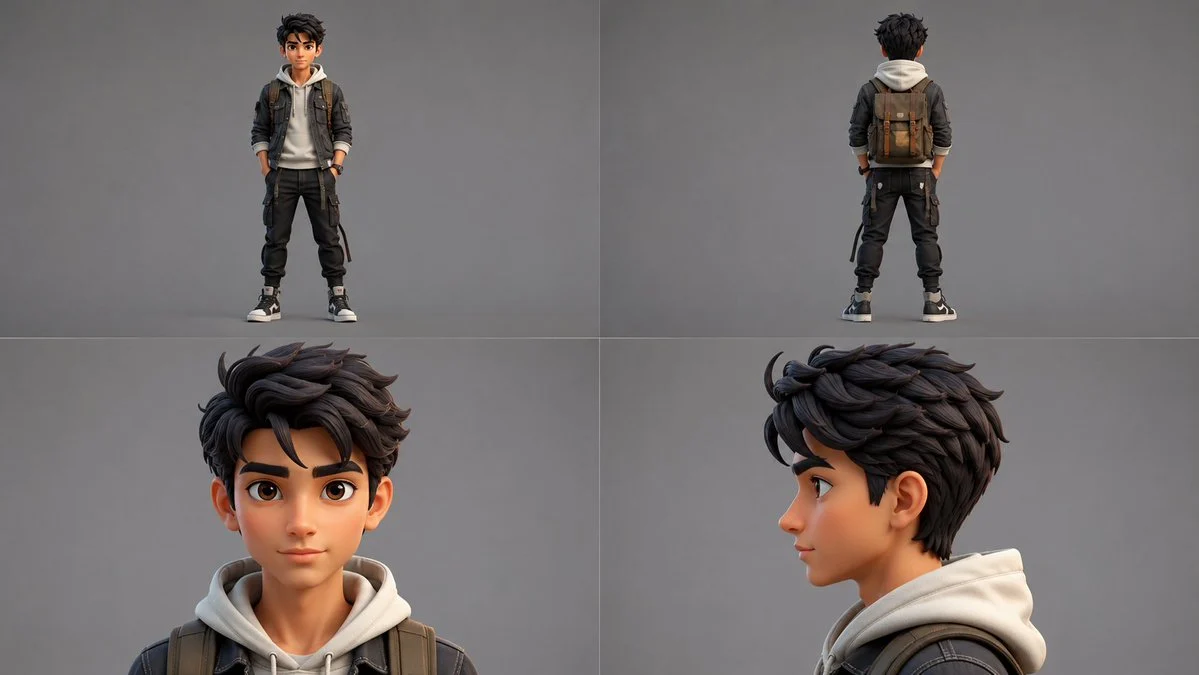 Boy in Pajamas 3D Character Sheet with sequential panels, clear scene planning and cinematic visual flow