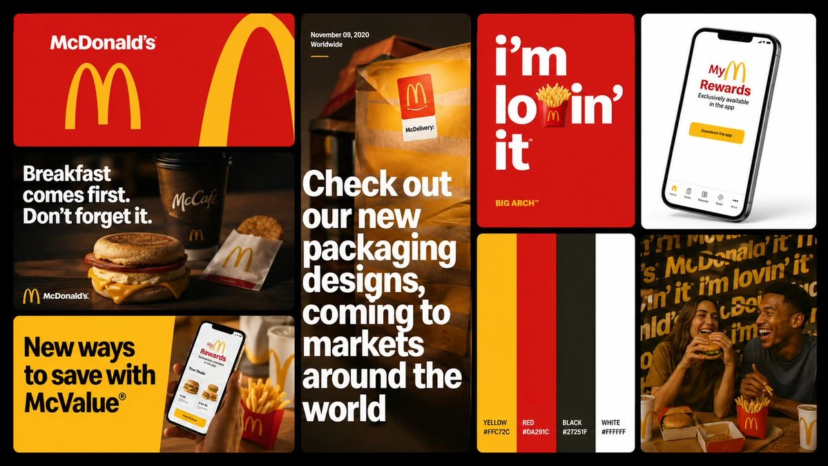 Eight brand identity cards featuring McDonald's logo, slogans, and color palette on a black background.