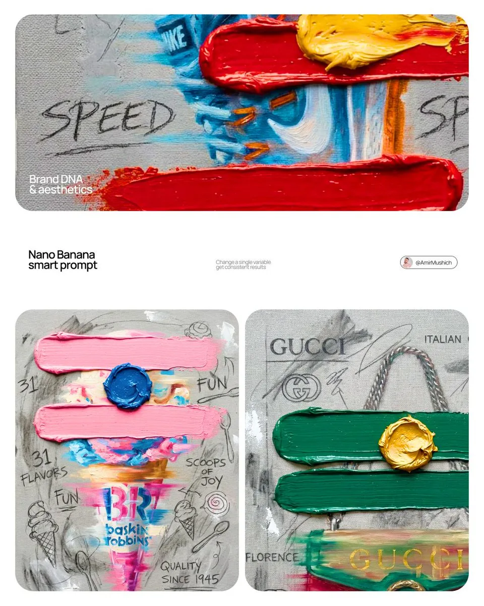 Mixed-media brand identity canvas shows impasto paint strokes, product sketches and smartwatch campaign boards