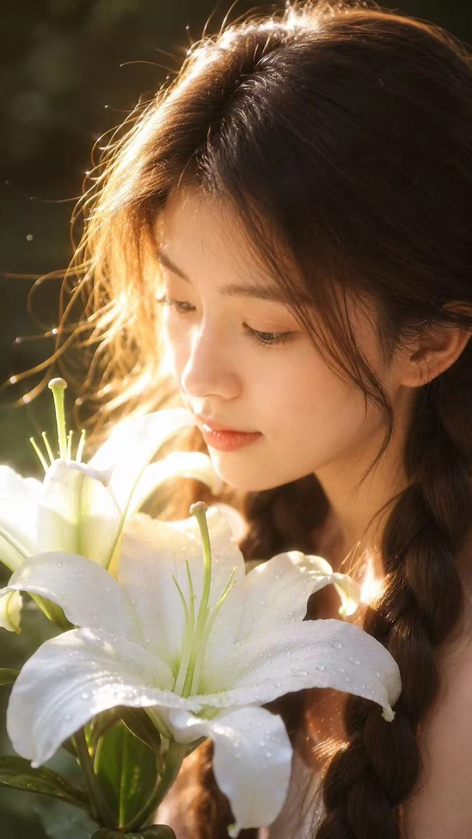 A young woman in side profile gently lowers her head toward a blooming white lily, illuminated by warm golden backlight and dewdrops