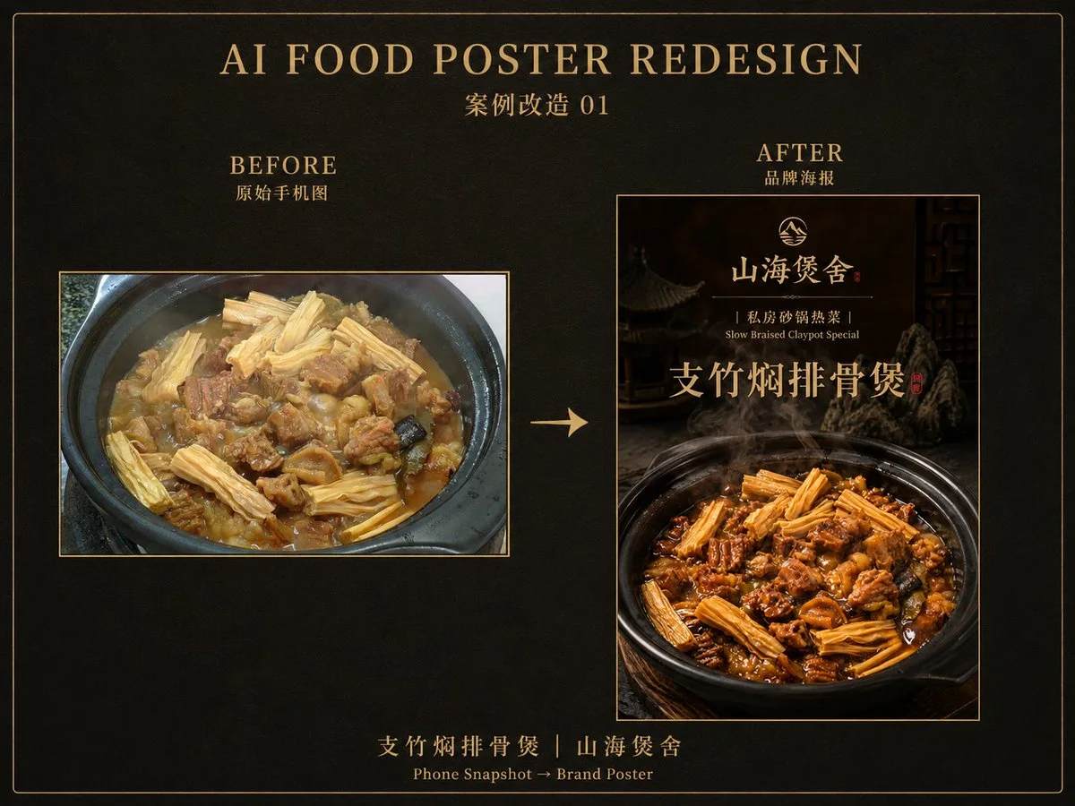 A side-by-side comparison showcases a mobile phone photo of a claypot dish transformed into a high-quality branded food poster.