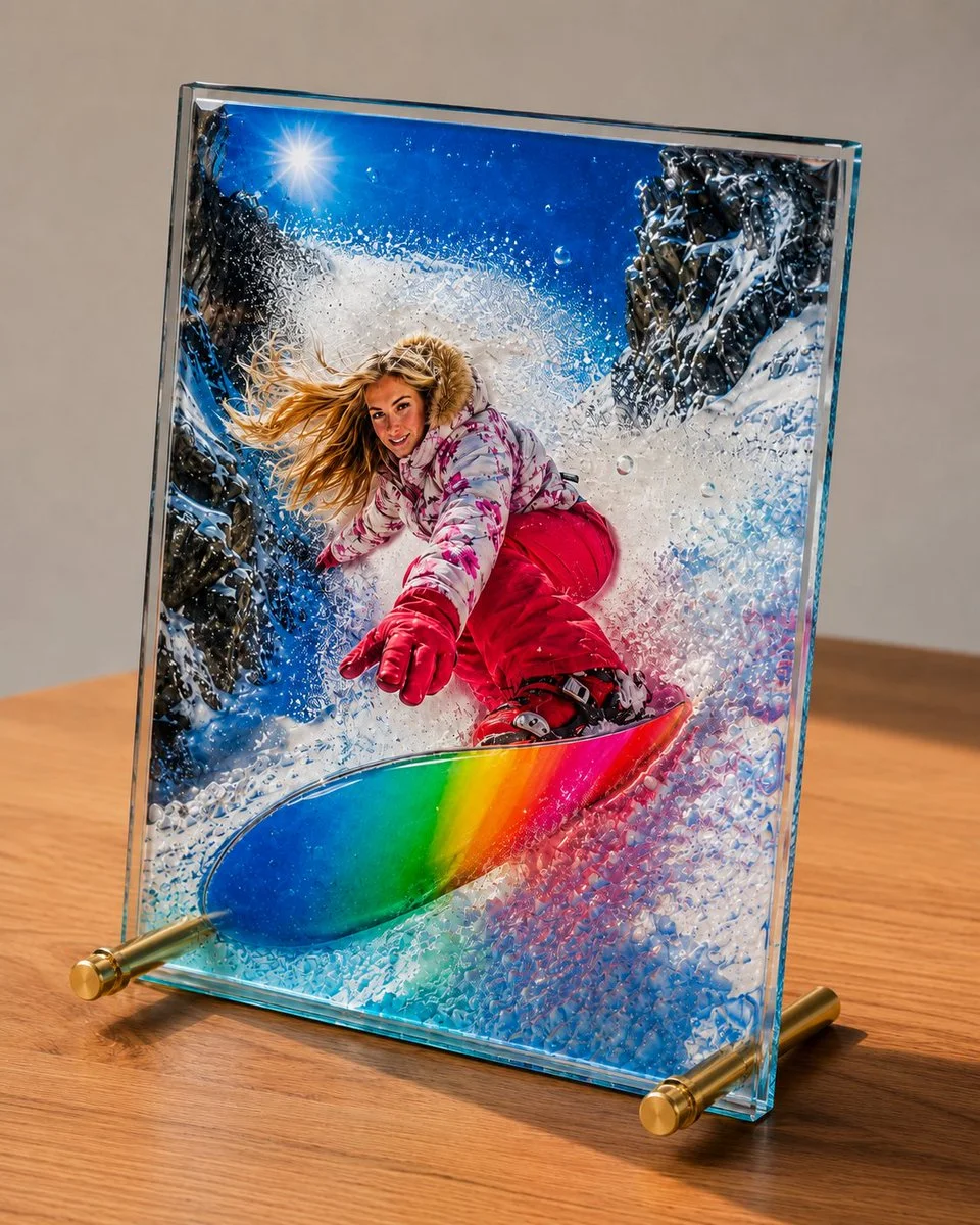 A colorful snowboarder is captured mid-action in a glass display stand supported by brass rods.
