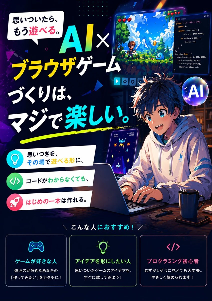A young creator smiles while coding on a laptop, surrounded by gaming visuals and Japanese browser-game ad copy