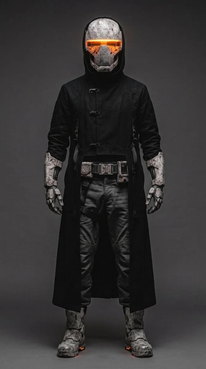 A futuristic brutalist sci-fi operative stands in a neutral power pose, wearing a long black trench coat and a weathered concrete helmet.