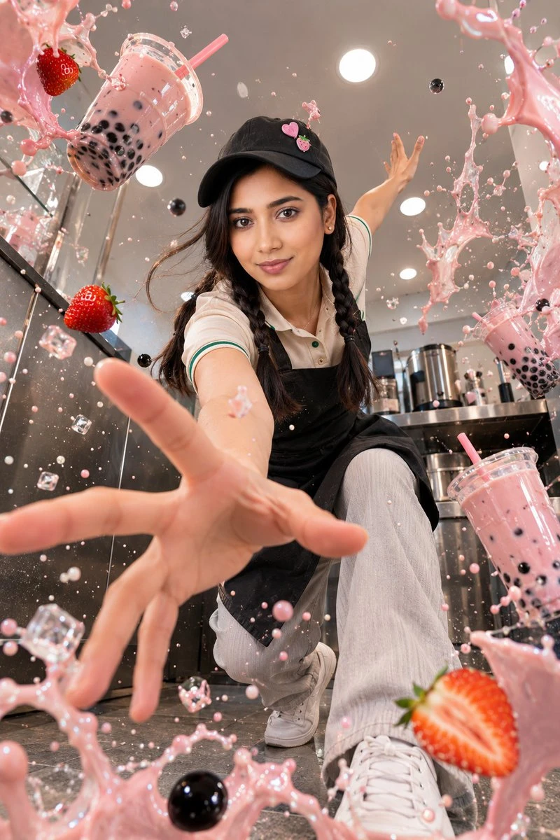 A bubble tea shop employee reaches out dramatically as pink strawberry milk tea splashes around in a bright, modern interior