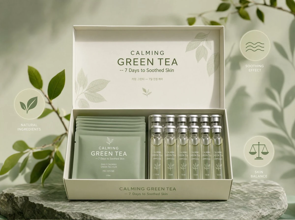 CALMING GREEN TEA Film Kit features soft sage-green film pouches and translucent ampoules in a pastel green setting with botanical accents
