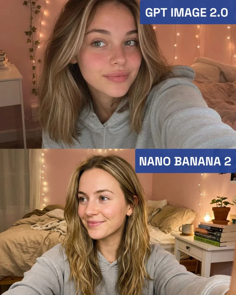 A young woman with honey-blonde hair and green-grey eyes smiles softly in a cozy bedroom adorned with warm fairy lights