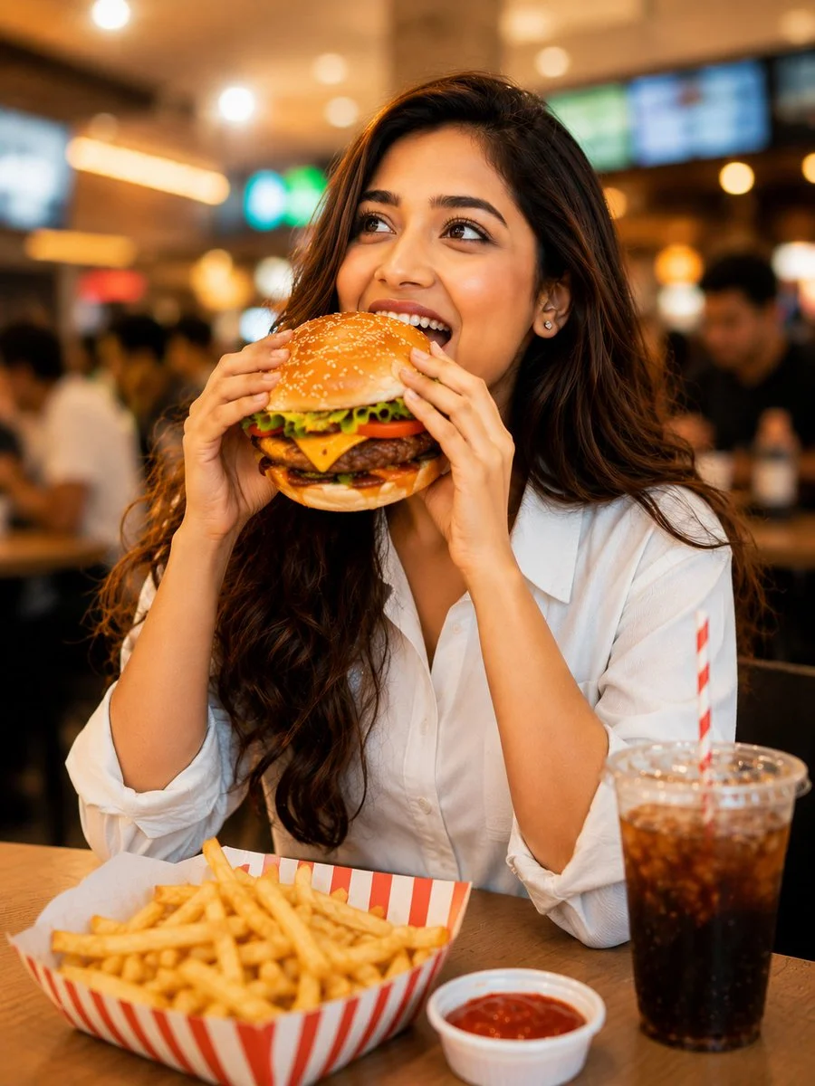 A candid mall food court portrait of a cheerful woman eating an oversized cheeseburger with busy background and realistic flash