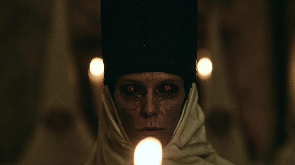 Dark candlelit horror close-up of an occult priestess with glowing red eyes in a crypt