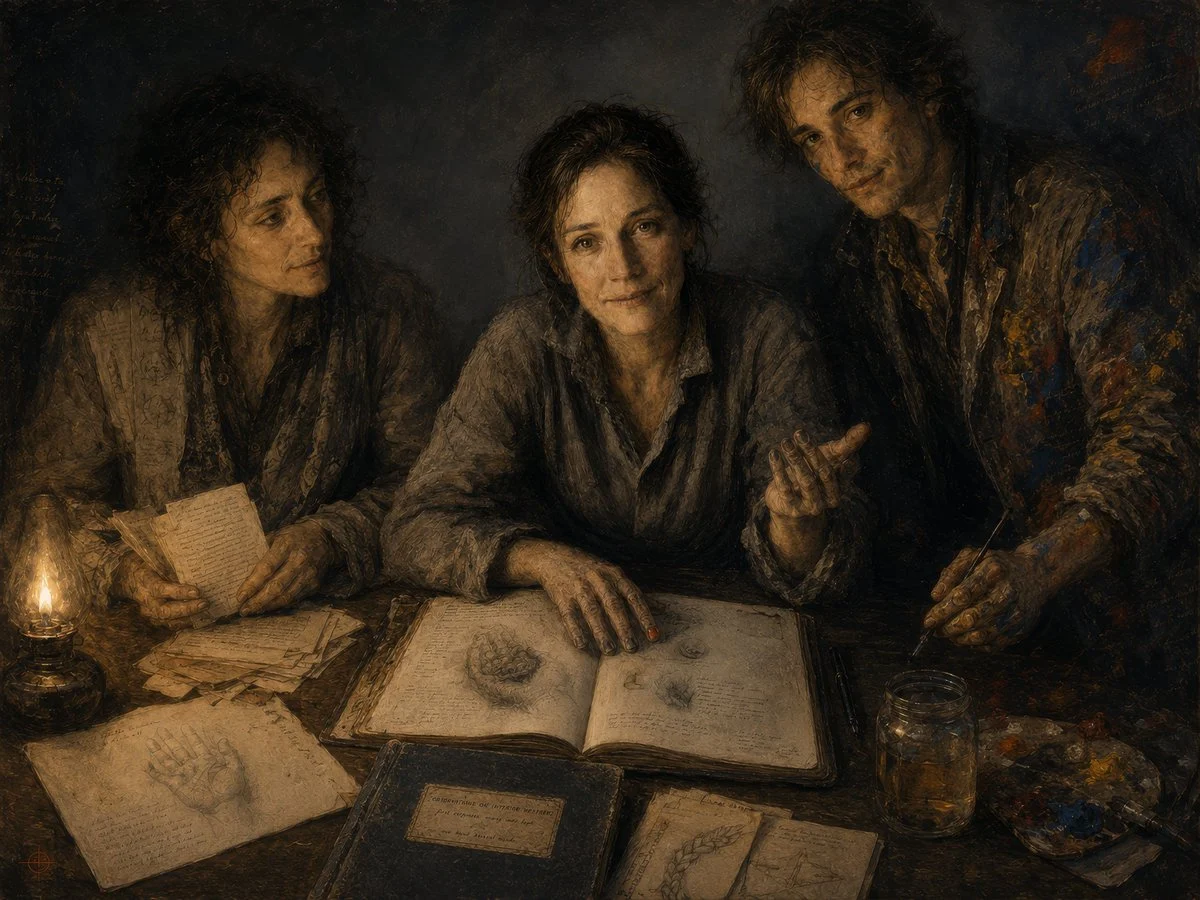 Candlelit Old-Master Creative Trio with sequential storytelling, expressive character design and cinematic panel composition