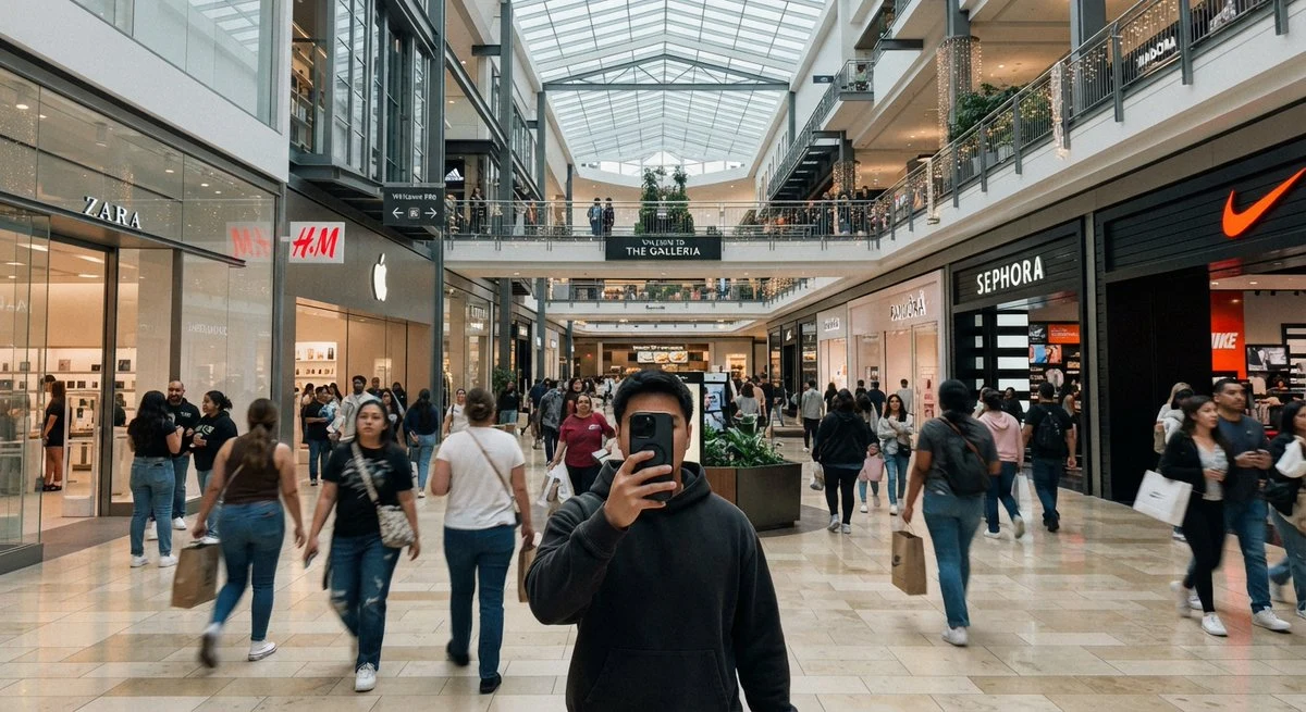 Casual shopping mall selfie snapshot with everyday fashion, bright indoor lighting, and candid lifestyle framing.