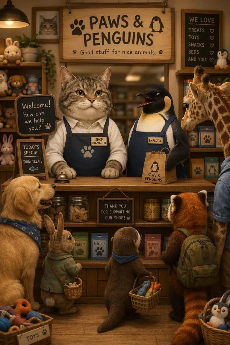 A cat manager and a penguin clerk assist various animals in a cozy pet shop filled with treats and toys.