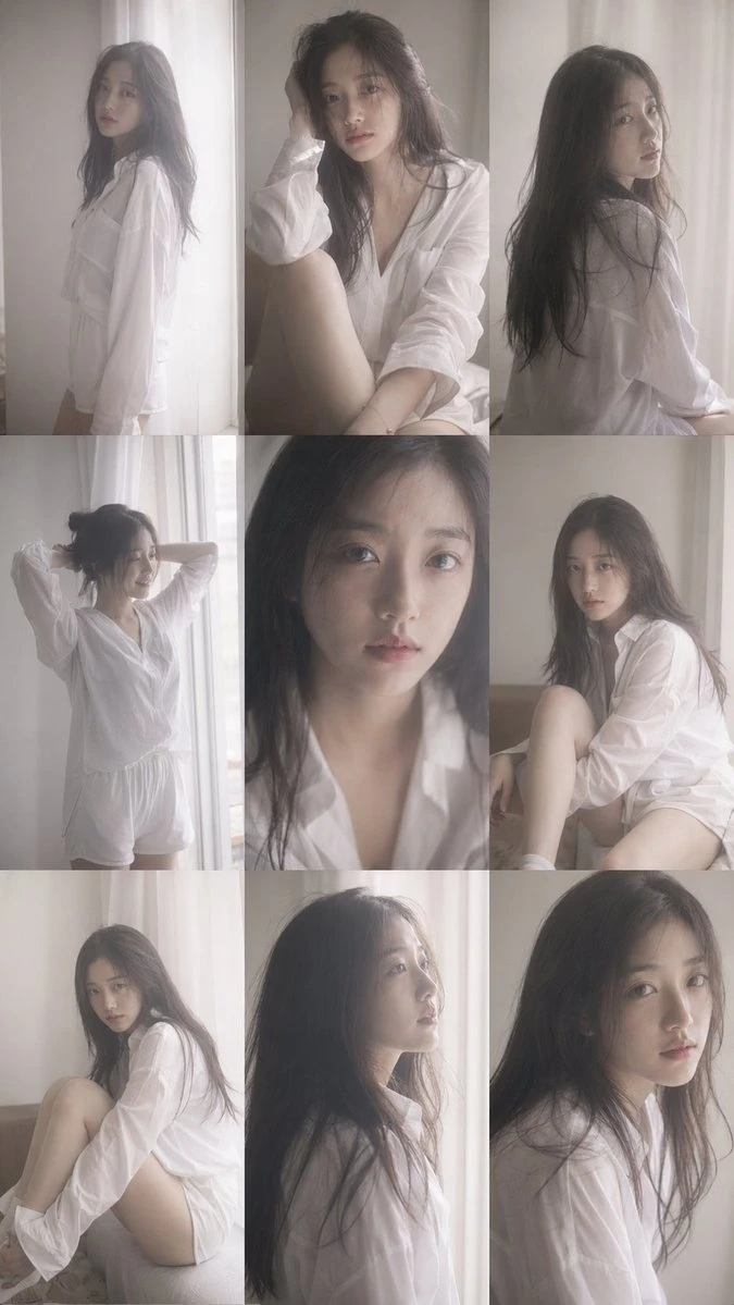 A young Korean female idol poses in a white shirt, captured in a grainy, candid style with harsh flash and soft, dim lighting