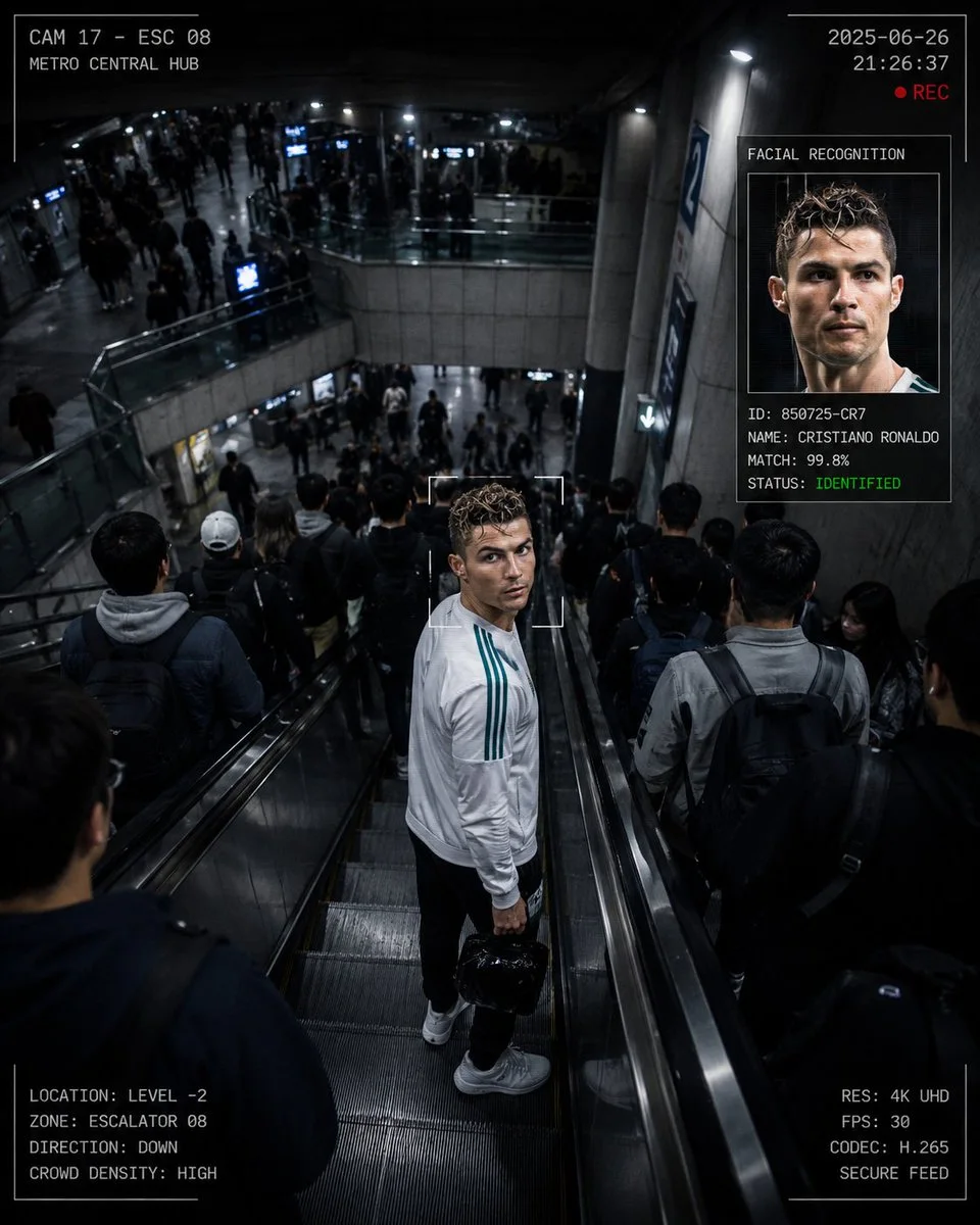 Cristiano Ronaldo is tracked on a crowded metro escalator in a CCTV-style scene with facial recognition interface panels.