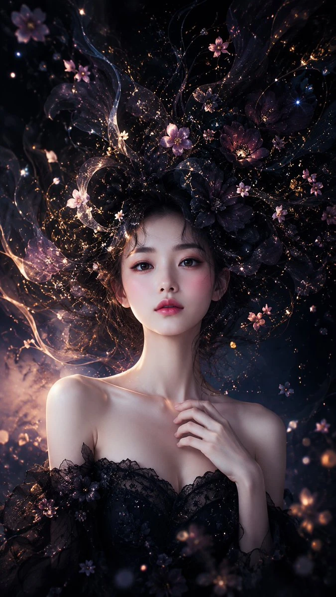 Celestial Floral Fantasy Portrait with a scroll-ready composition, expressive subject and cinematic social post styling