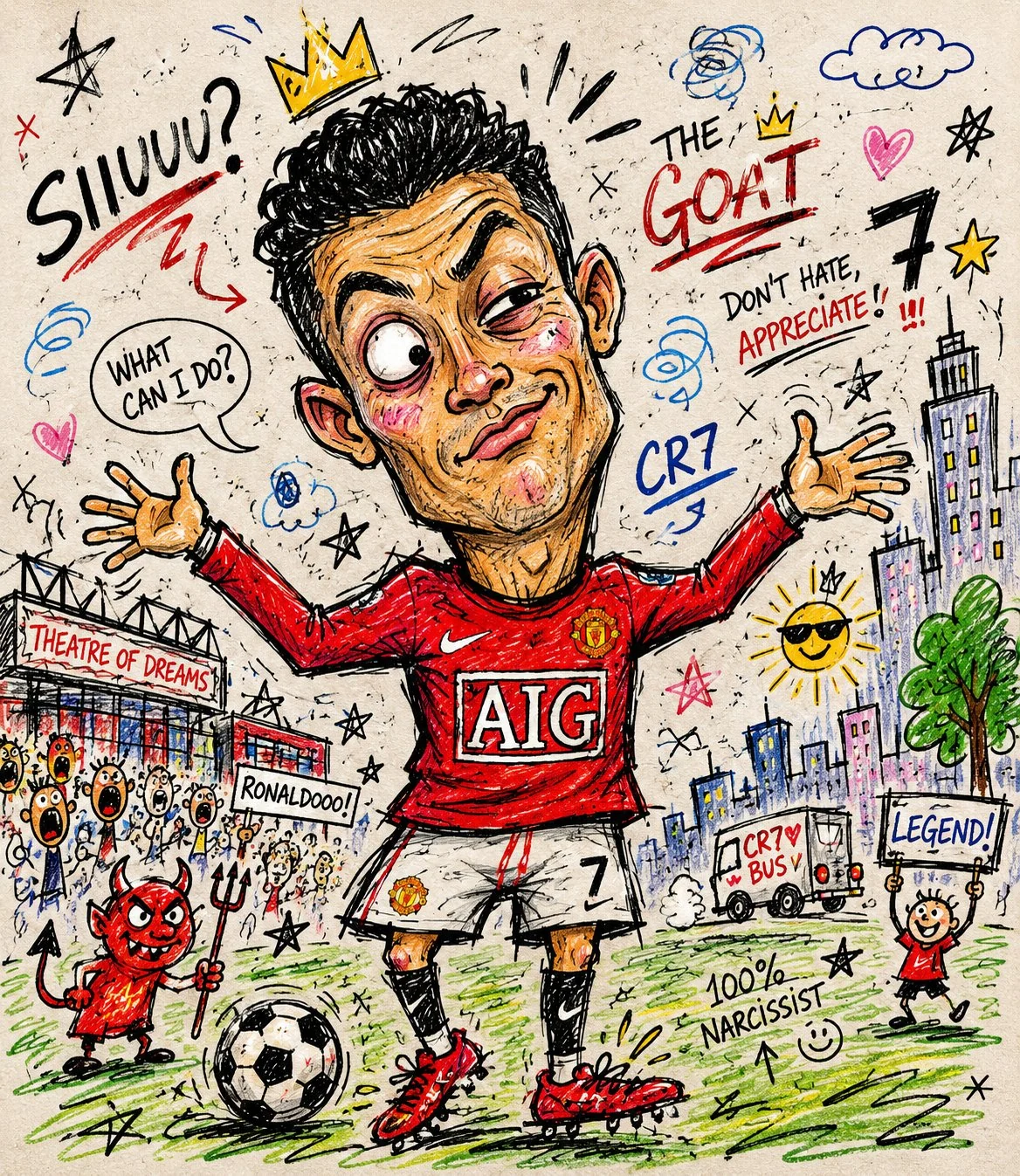 GPT Image 2 prompt example showing a chaotic marker doodle caricature of a football player with handwritten notes