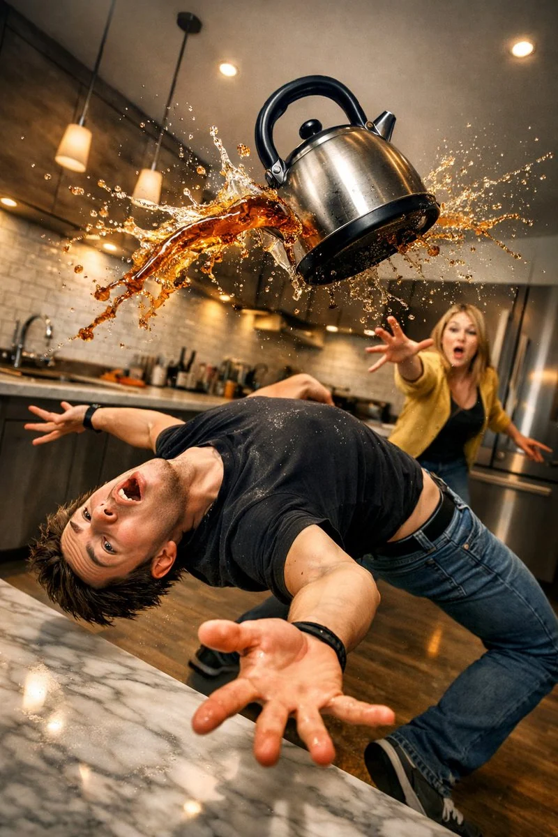 GPT Image 2 prompt example showing a comedic kitchen freeze-frame with a flying kettle and tea splash