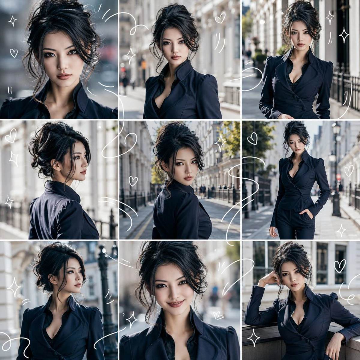 Nine-grid character consistency collage showing the same dark-haired woman in multiple editorial poses