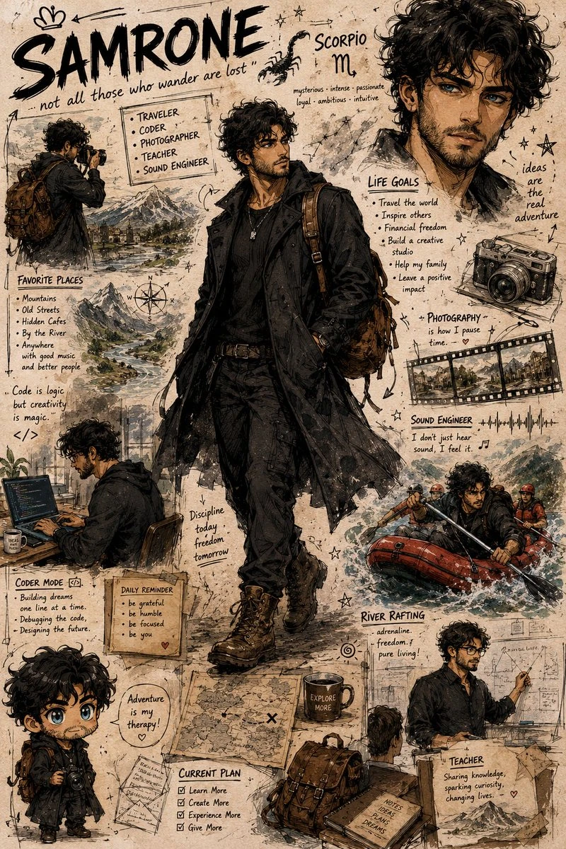 A detailed character profile sheet features a handsome young man with messy dark curly hair and sharp blue eyes, showcasing various poses, fashion elements, and personal notes
