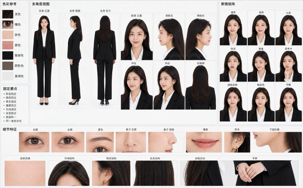 Character Reference Sheet Layout with sequential panels, clear scene planning and cinematic visual flow
