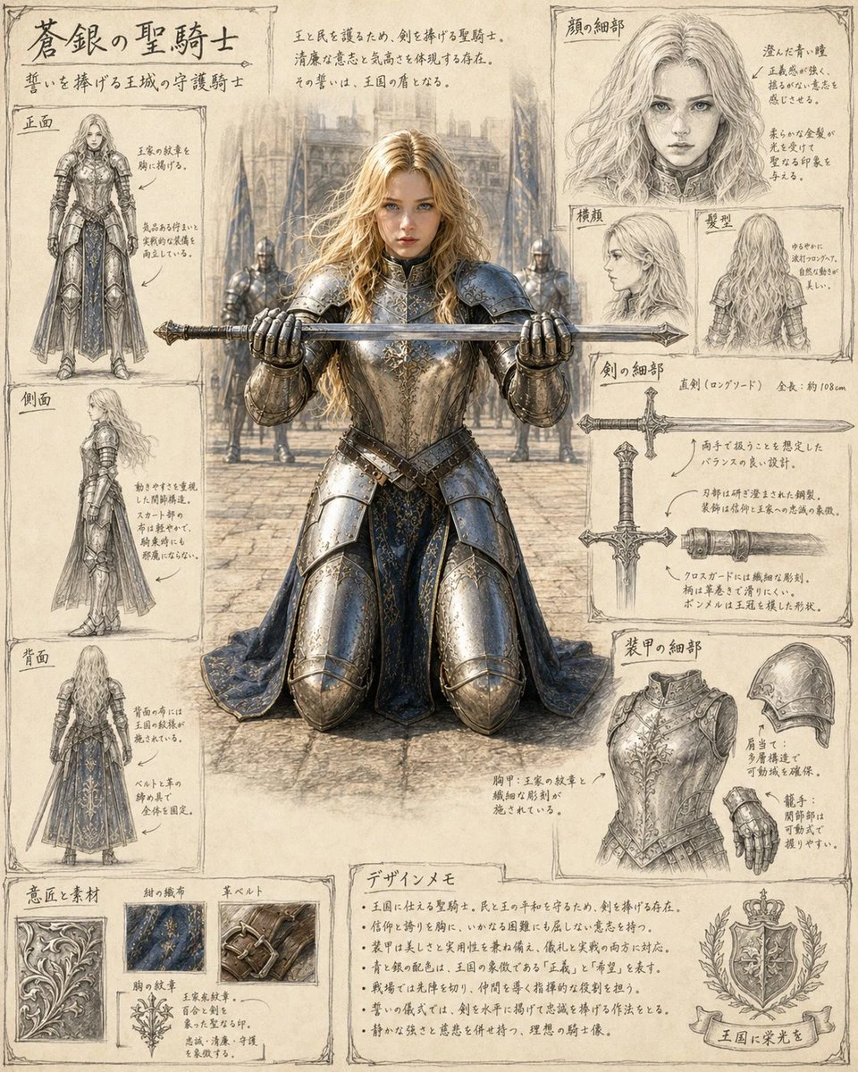 Character reference sheet with concept-art views, handwritten Japanese notes, and detailed design-document styling.