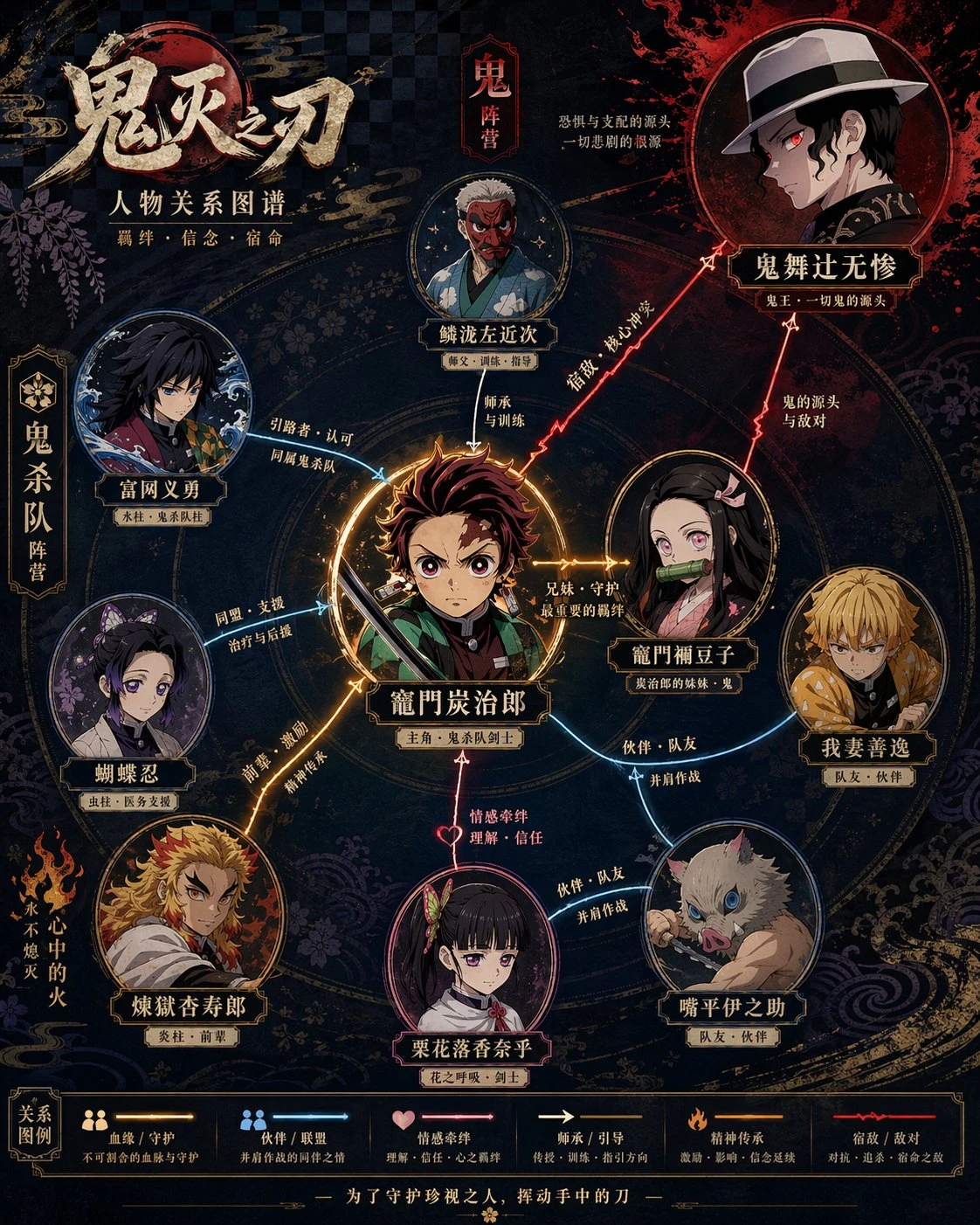 A character relationship map poster features interconnected characters from a story, illustrated with vibrant colors and detailed designs