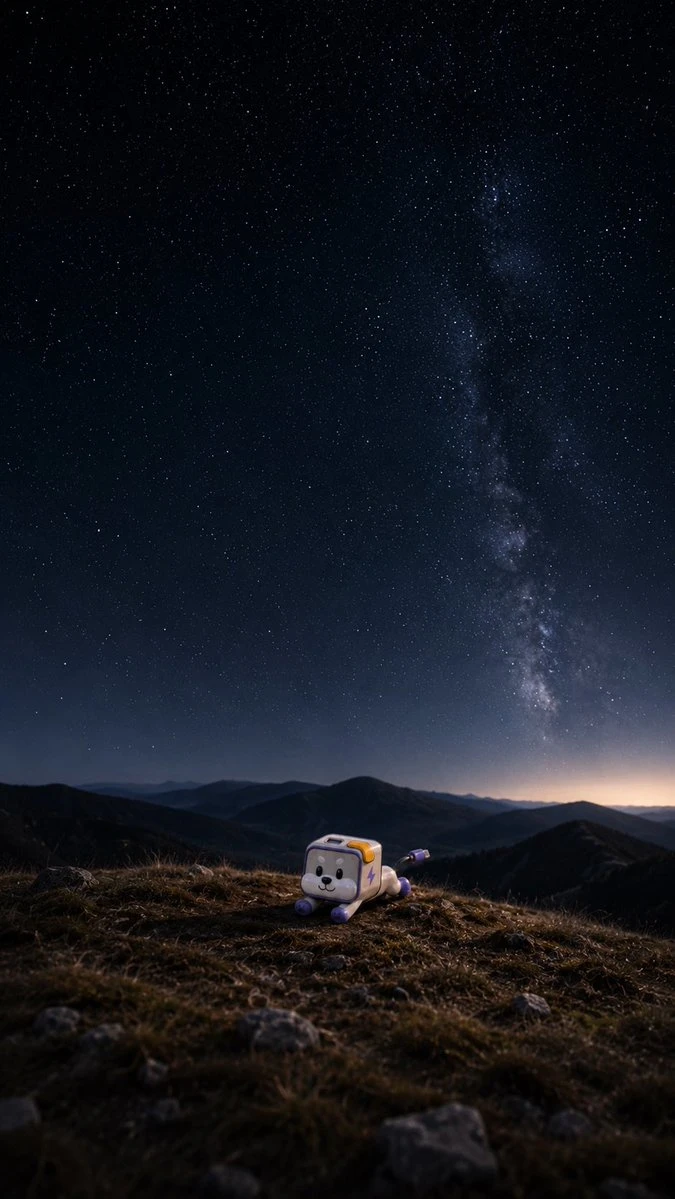 Cute 3D character toy wallpaper under a night sky, with preserved sticker-like design details and soft dreamy lighting.