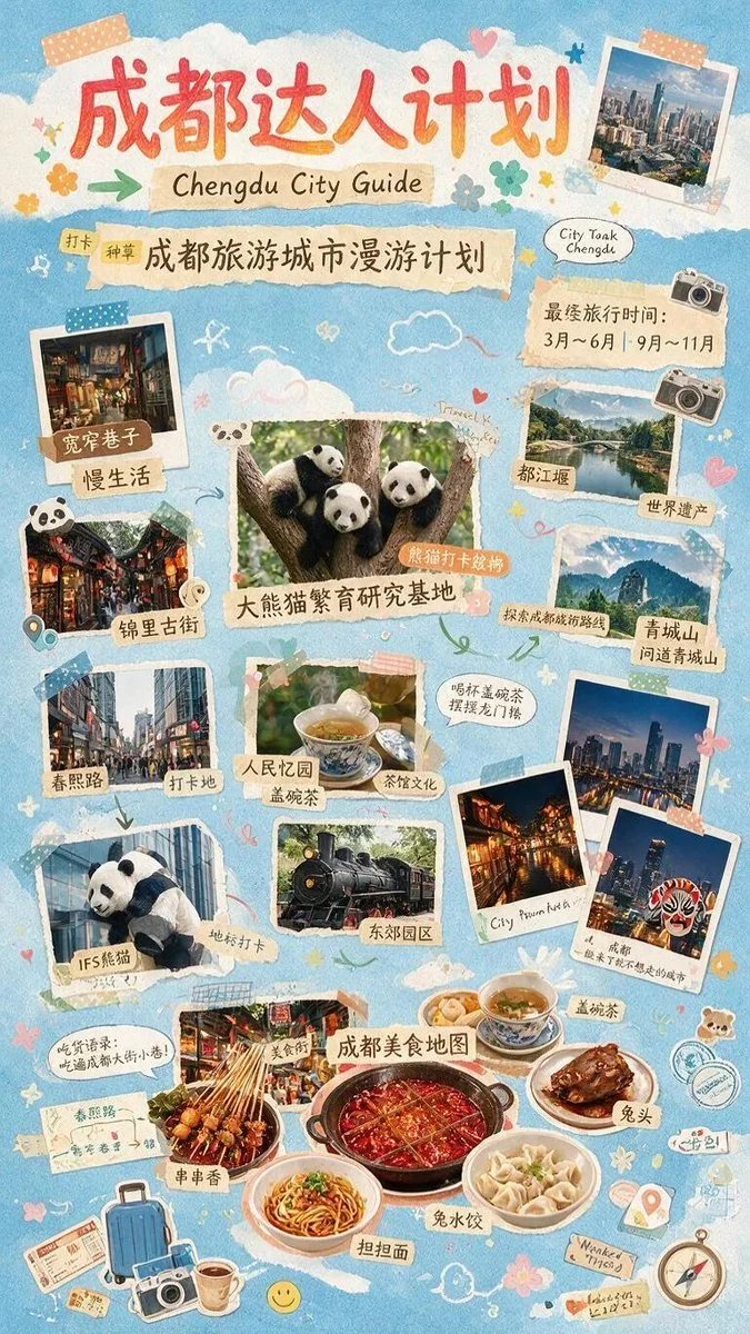 Chengdu Scrapbook Travel Guide Poster: A dense vertical scrapbook collage poster for a Chengdu city guide, useful for recreating a cute travel-planner...