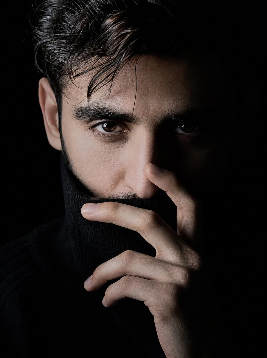 Chiaroscuro High-Contrast Male Portrait with expressive portrait lighting, detailed styling and a polished editorial mood