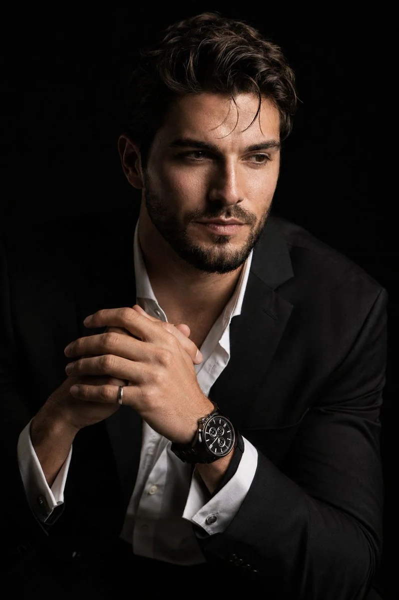 Hyper-realistic portrait lit with deep chiaroscuro contrast, detailed skin texture and dramatic studio atmosphere