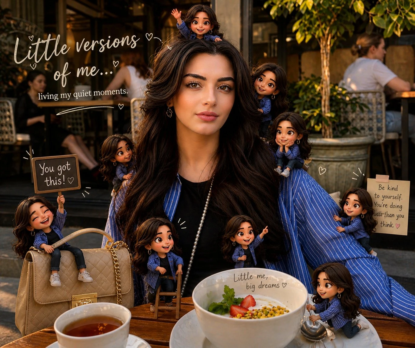 Mini chibi versions of a woman interact playfully around her in a cozy café setting, complemented by soft handwritten text and props