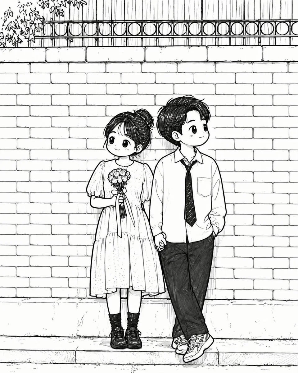 Two chibi characters stand side by side against a brick wall, one holding flowers and both displaying cheerful expressions.