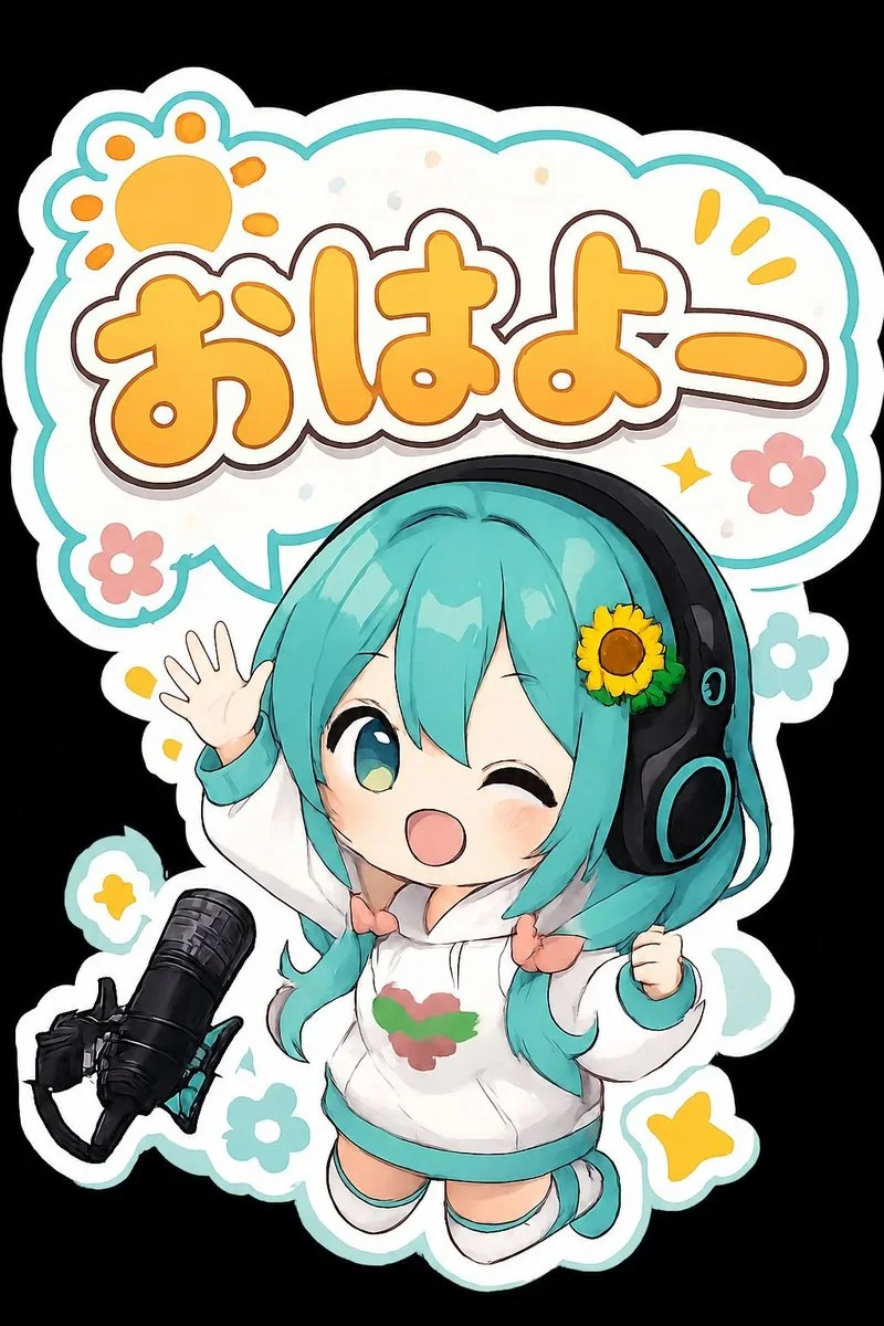 A kawaii die-cut anime sticker featuring a cheerful turquoise-haired chibi singer waving with a Japanese morning greeting