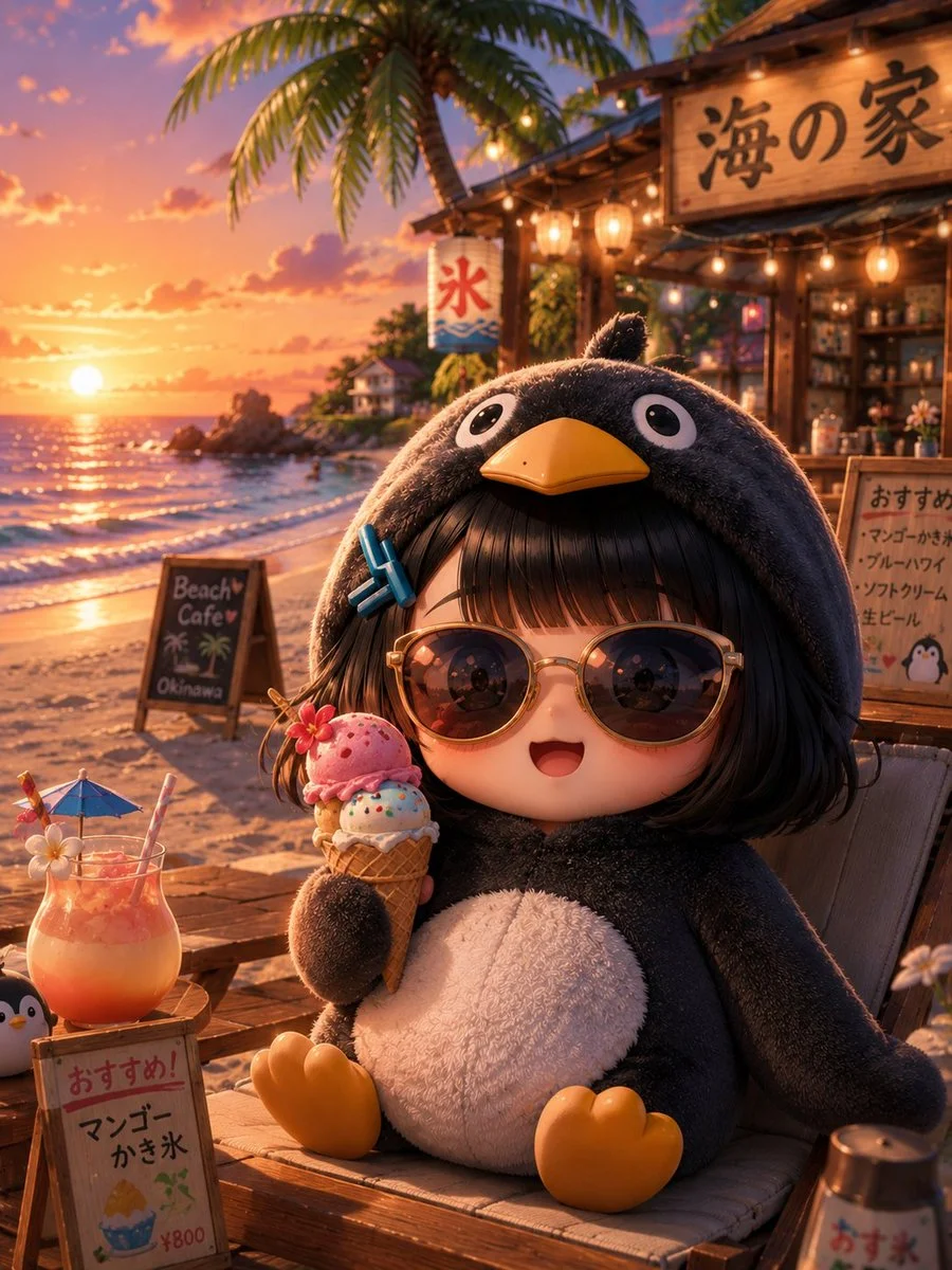 Chibi Penguin Hoodie Beach Sunset poster GPT Image 2 prompt example