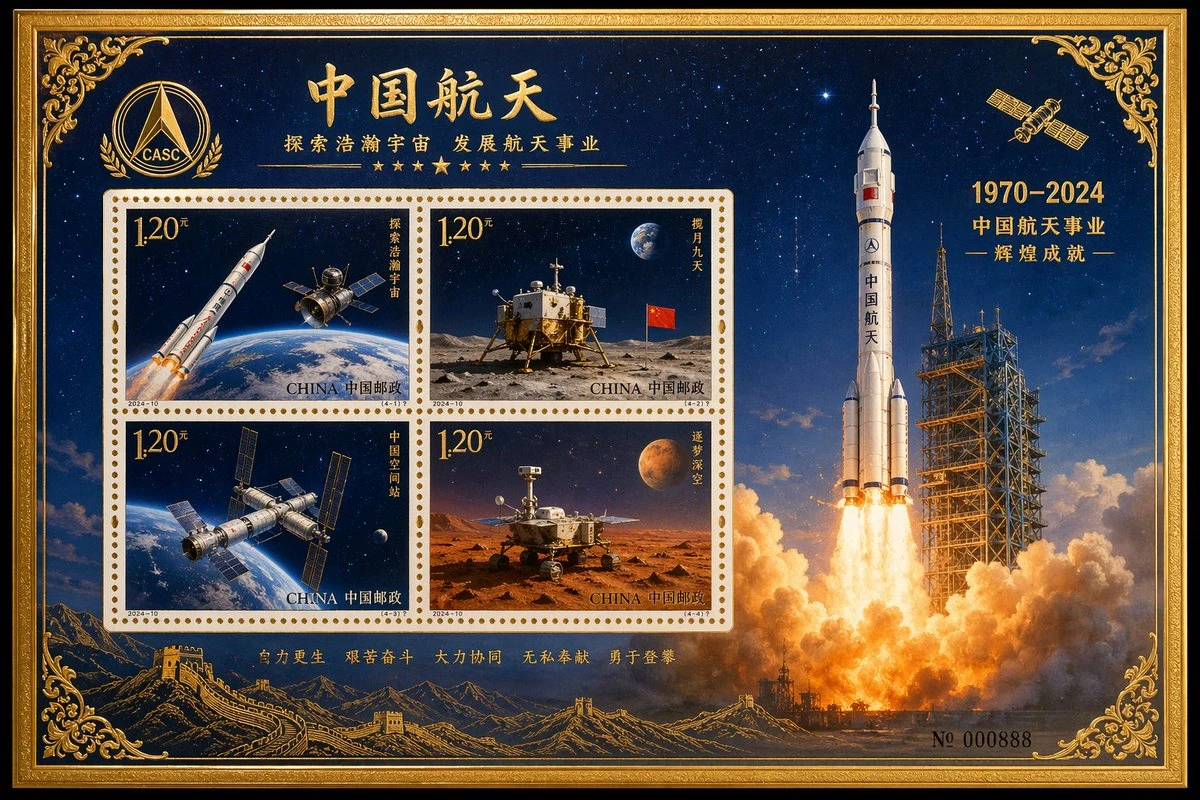 The China Aerospace commemorative stamp sheet features four stamps depicting significant space missions, framed with a gold border and a rocket launch scene