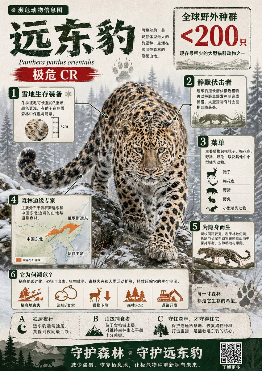 Chinese wildlife infographic poster with a photorealistic animal, annotated callouts, and habitat diagrams