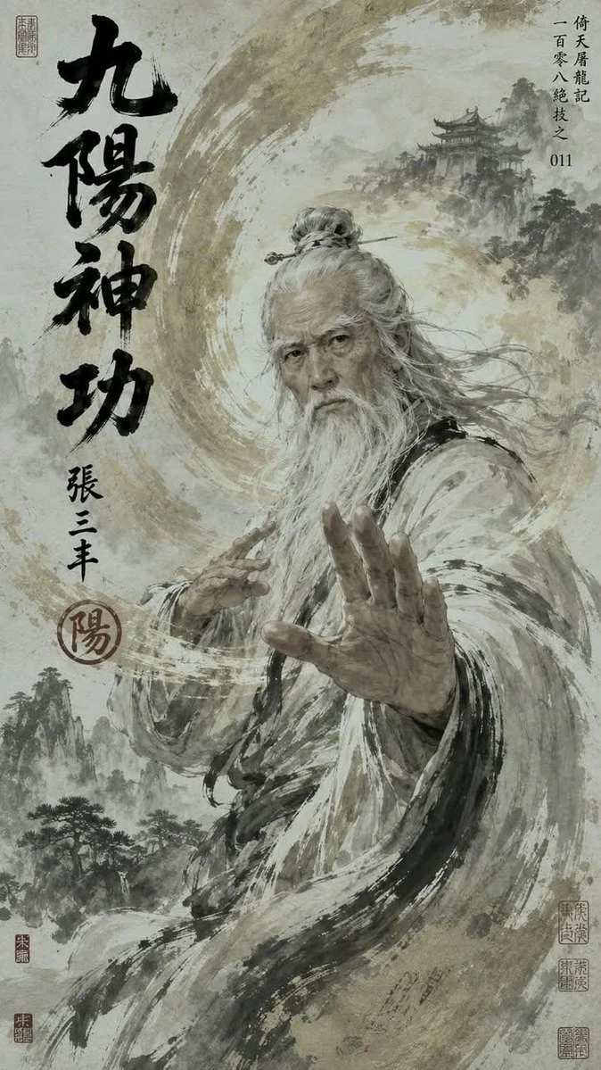 Chinese wuxia master in flowing robes posed for a dramatic martial arts poster