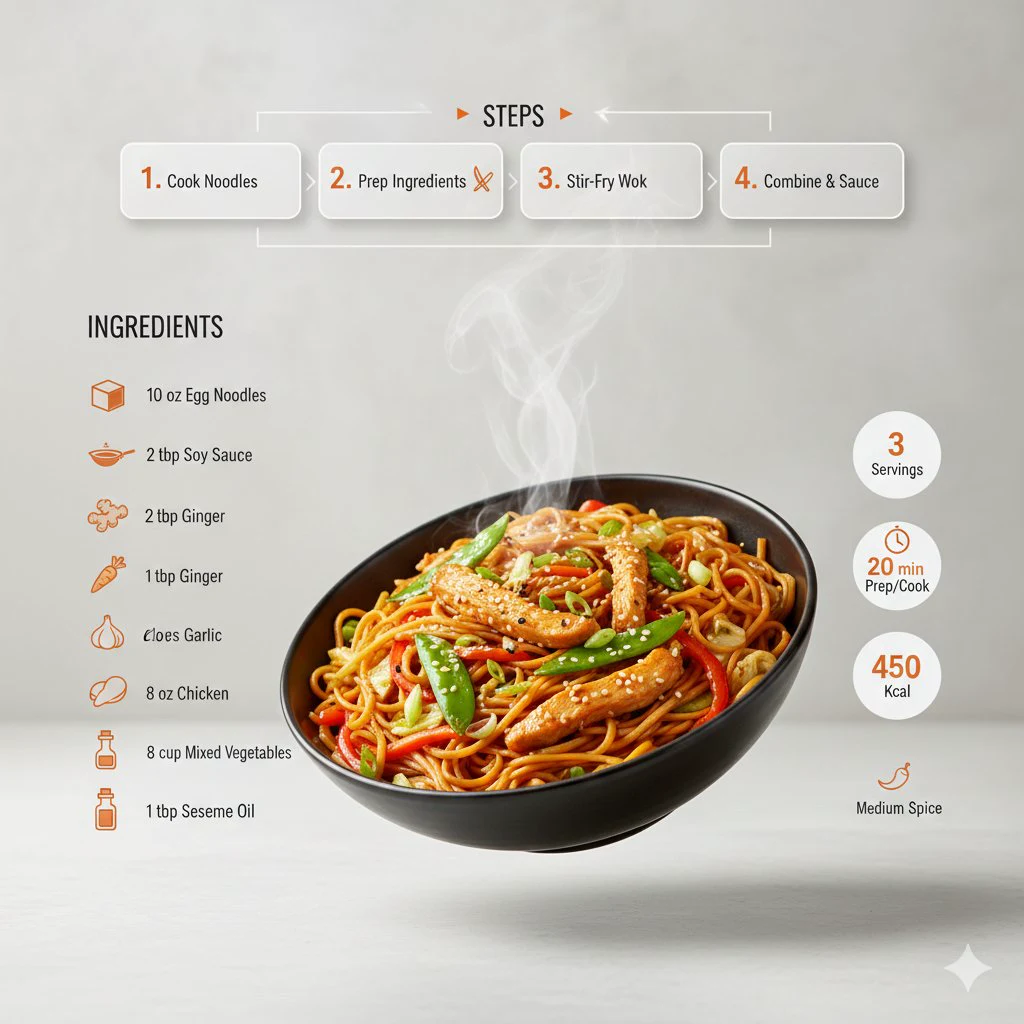 Modern chowmein recipe infographic with plated noodles, ingredient icons, cooking steps and clean social-feed layout