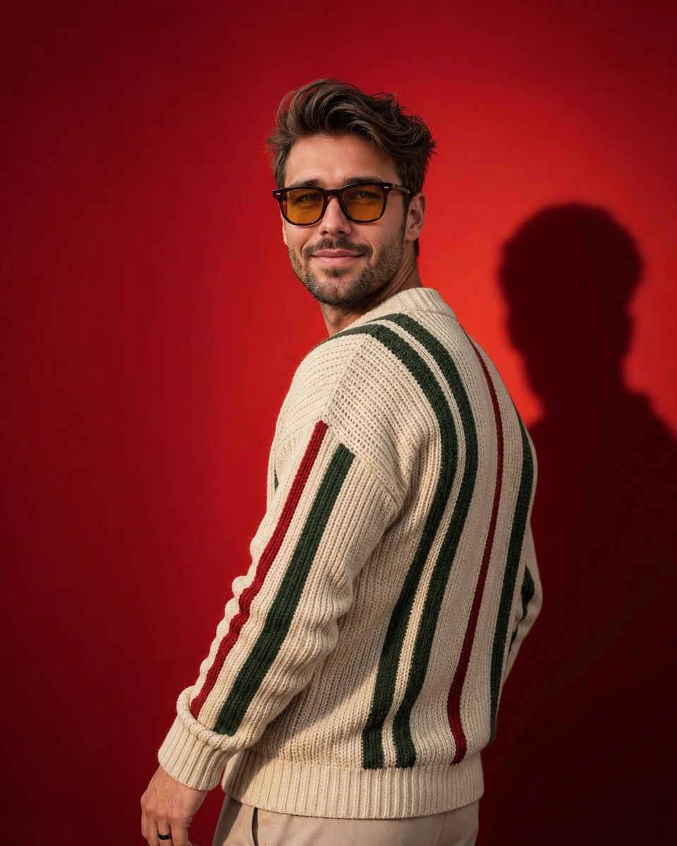 Studio portrait of a man in a chunky striped knit sweater against a vivid red backdrop