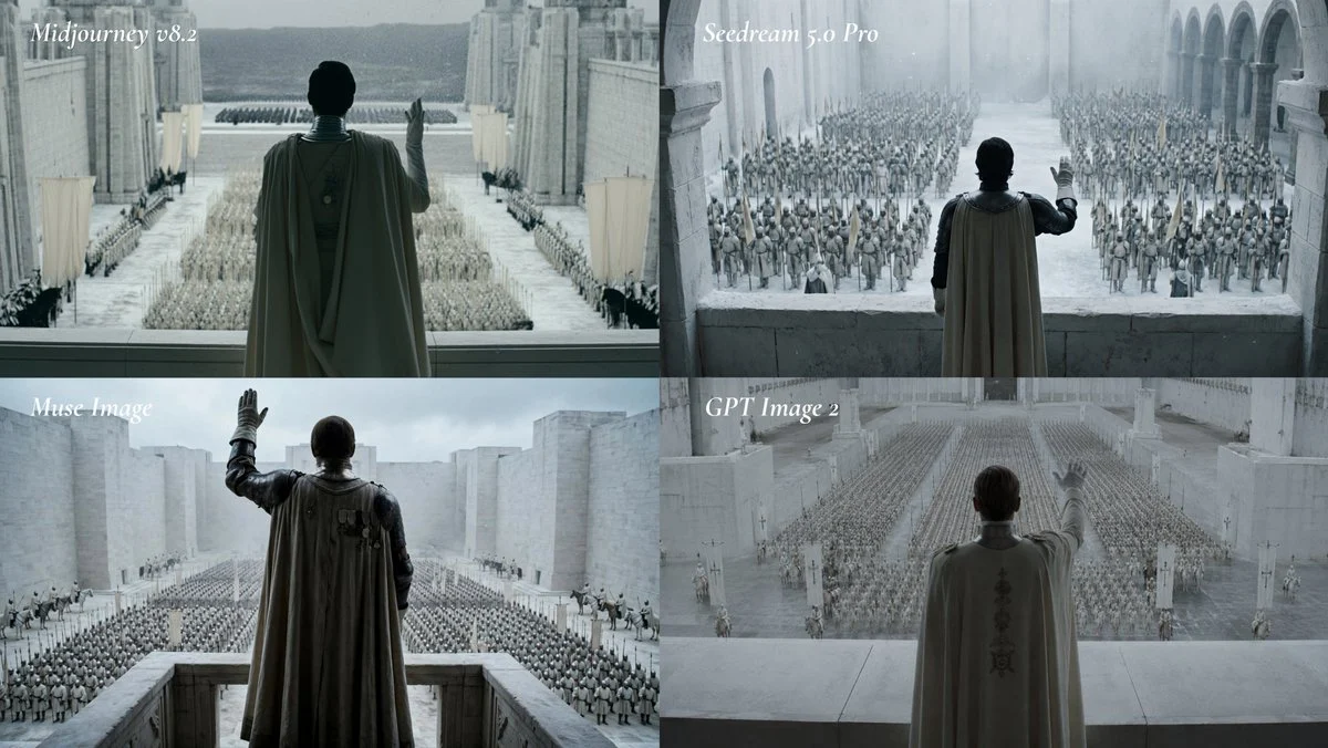 Cinematic AI Model Comparison Grid with side-by-side visual comparison, clear panel structure and readable style contrast