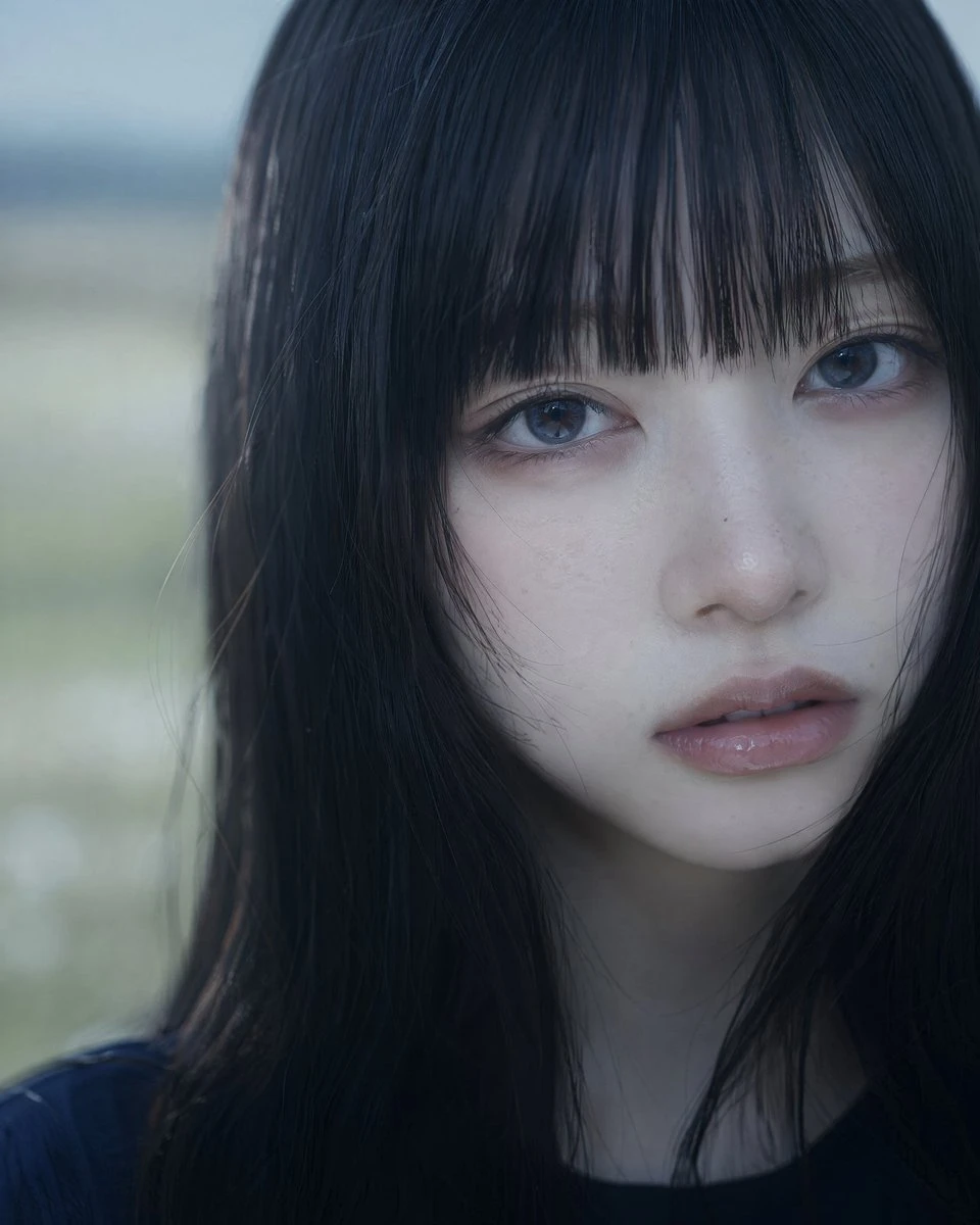Cinematic close-up portrait of an Asian woman with soft facial detail, delicate freckles, and polished vertical framing.