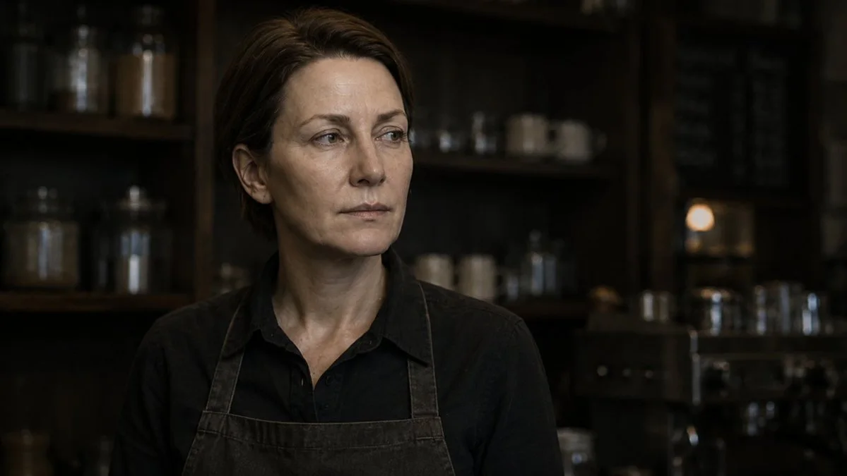 A thoughtful and atmospheric photographic portrait of a barista in a dim, rustic café setting with filmic lighting