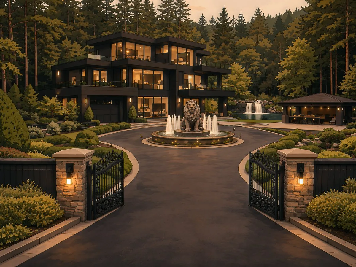 Cinematic contact sheet centers a glowing gated mansion estate at dusk with surrounding driveway and forest