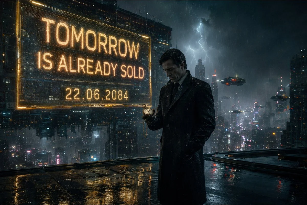 Cinematic cyberpunk neo-noir scene of a mysterious businessman in a rain-soaked futuristic city
