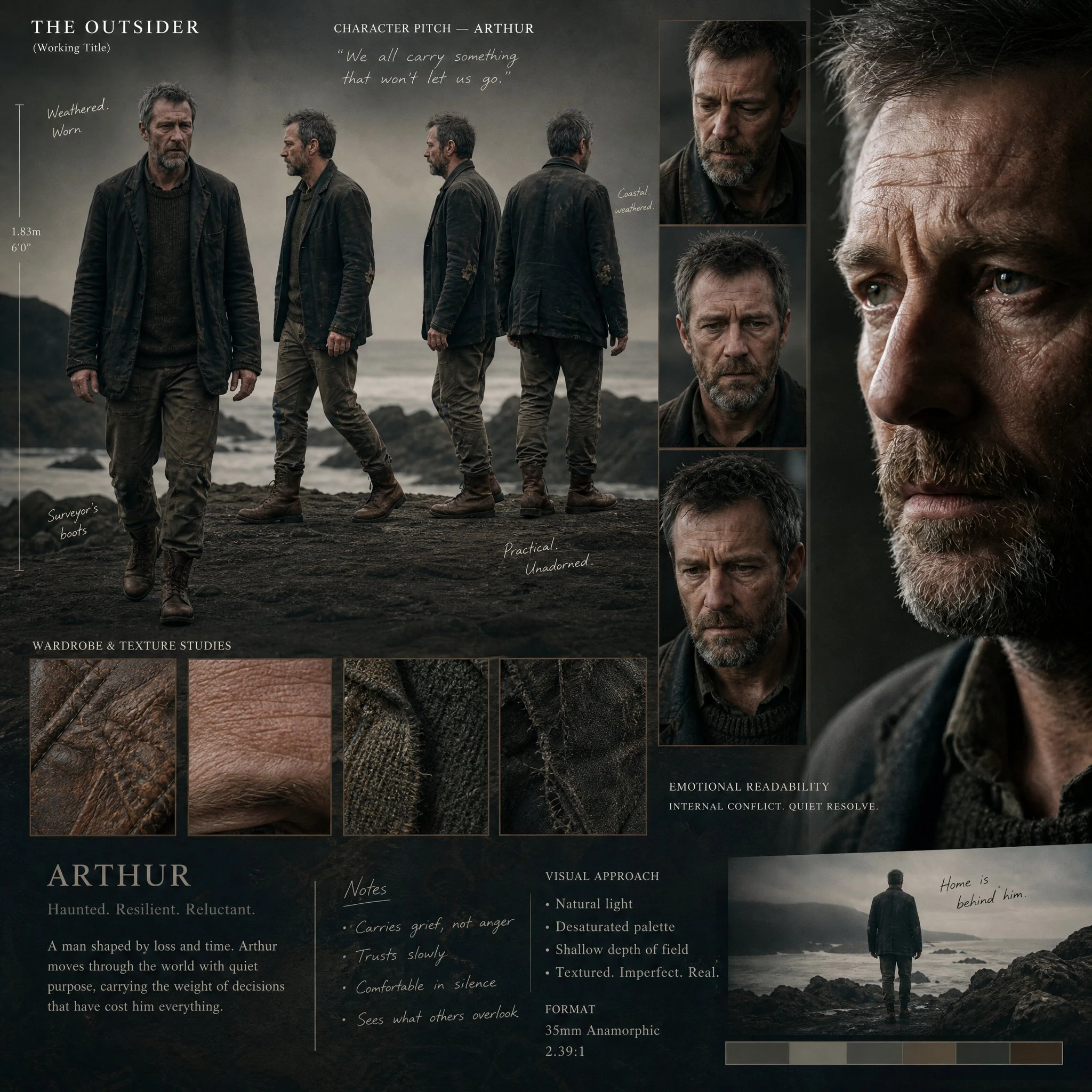 A cinematic pitch board for a character named Arthur, featuring emotional studies and wardrobe details against a coastal backdrop.