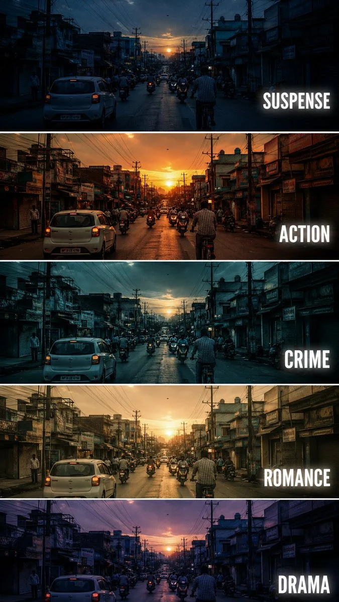 Cinematic Film Genre Color Grading Comparison with scroll-ready composition, strong focal subject, and polished social post styling