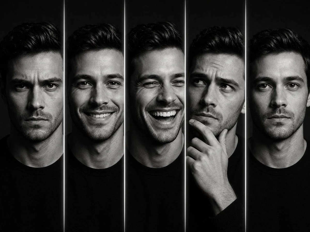 Black-and-white five-panel portrait of one man showing distinct cinematic expressions