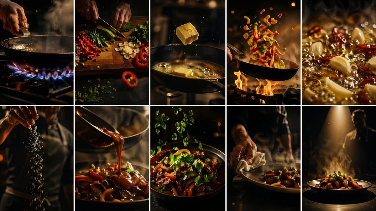 Ten-panel cinematic cooking storyboard with flames, chopping, sauce pouring and a finished stir-fry dish